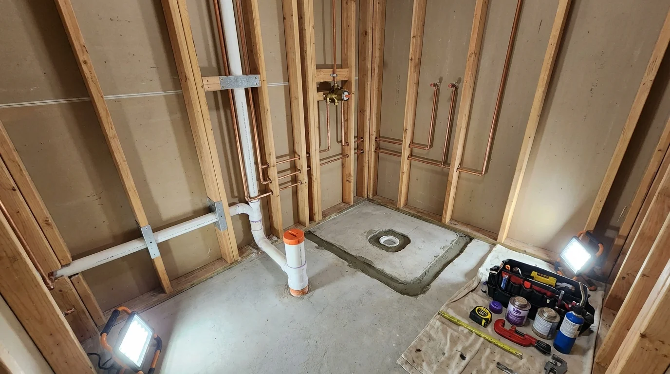 Bathroom rough-in plumbing during remodel by Johns Plumbing LLC in Saint Clairsville