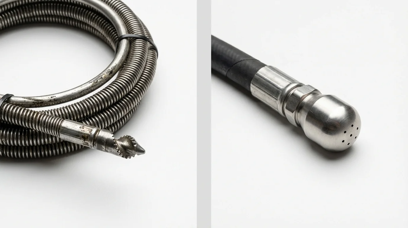 Drain snake cable and hydro jetting nozzle used for drain cleaning in Saint Clairsville, OH