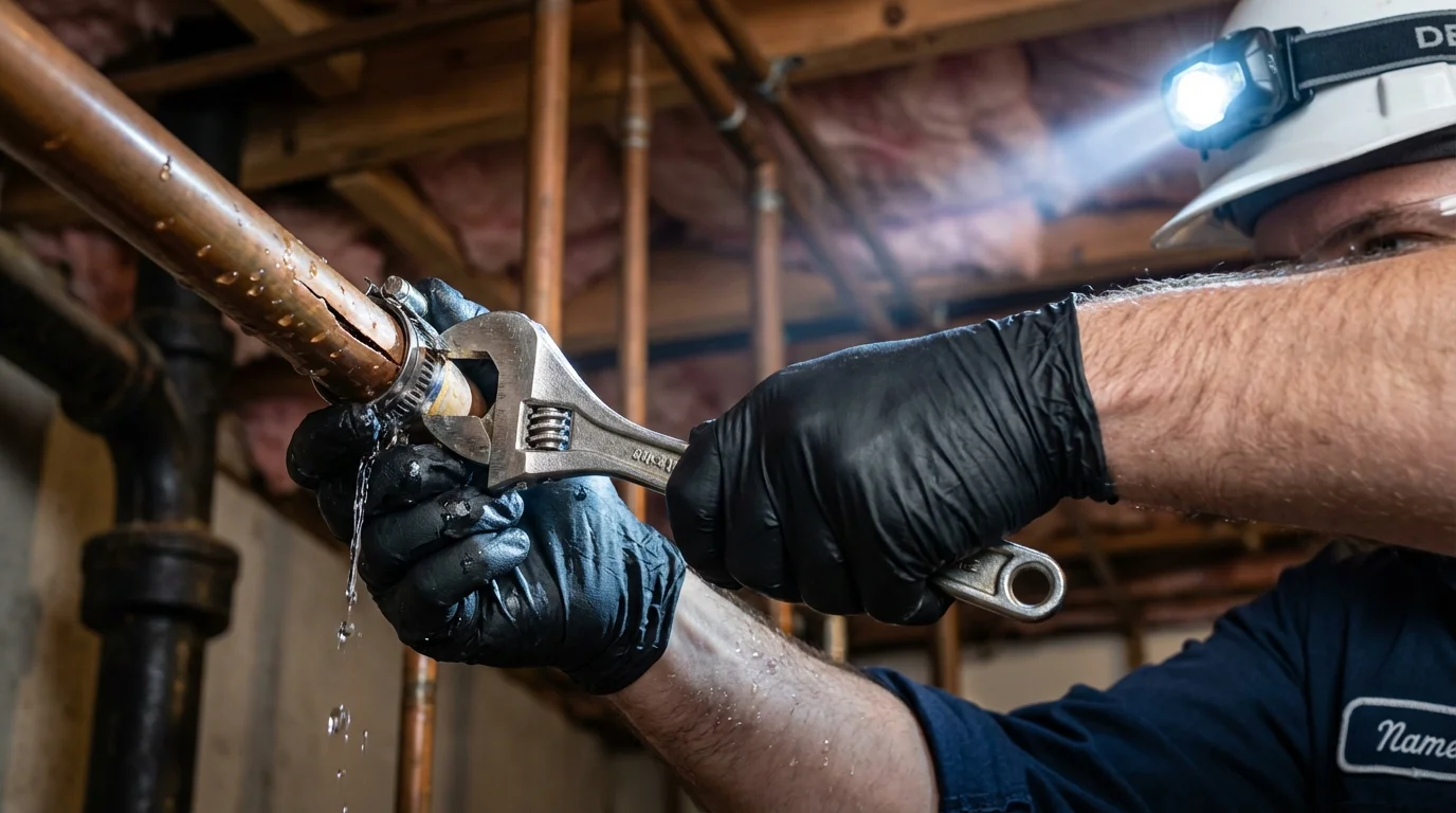 Emergency pipe clamp repair being performed by a Johns Plumbing LLC plumber in Saint Clairsville