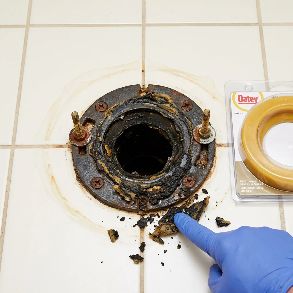 Failed wax ring showing water seepage at the base of a toilet in a Saint Clairsville, OH home