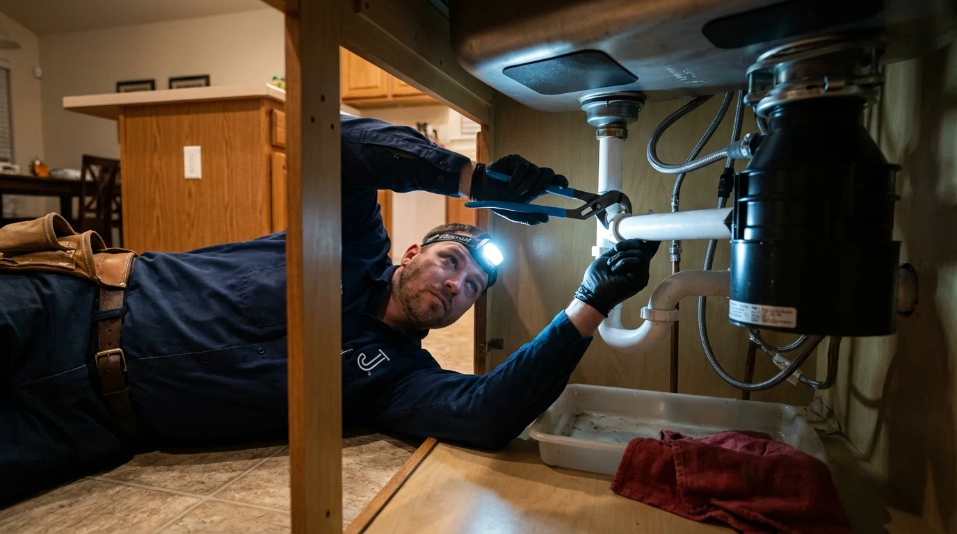 P-trap and supply line connections under a kitchen sink showing a common leak point in Saint Clairsville, OH